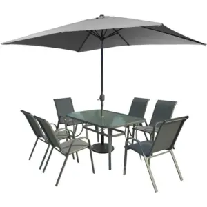 SET RICCIONE PER GIARDINI 1 TAVOLO VETRO + 6 SEDIE + OMBRELLONE + BASE