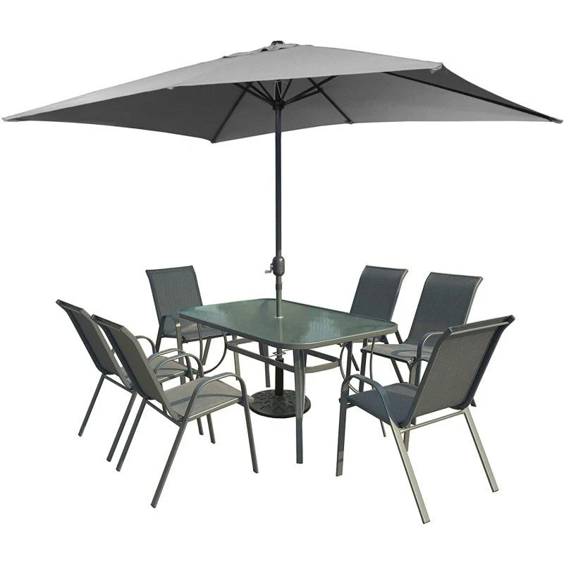 SET RICCIONE PER GIARDINI 1 TAVOLO VETRO + 6 SEDIE + OMBRELLONE + BASE