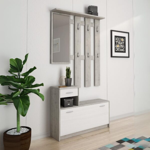 MOBILE INGRESSO RUDOLF  CON SCARPIERA COLORE  BETON E BIANCO