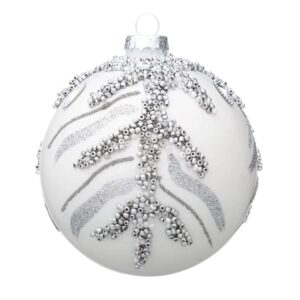 BIZZOTTO SFERA NATALE IN VETRO BIANCA GLITTER ARGENTO D80 0930642