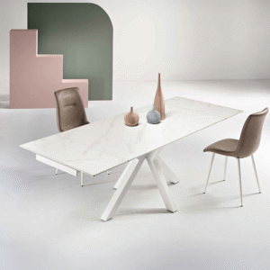 TAVOLO SKY BIANCO OPACO EFFETTO MARMO GRIGIO