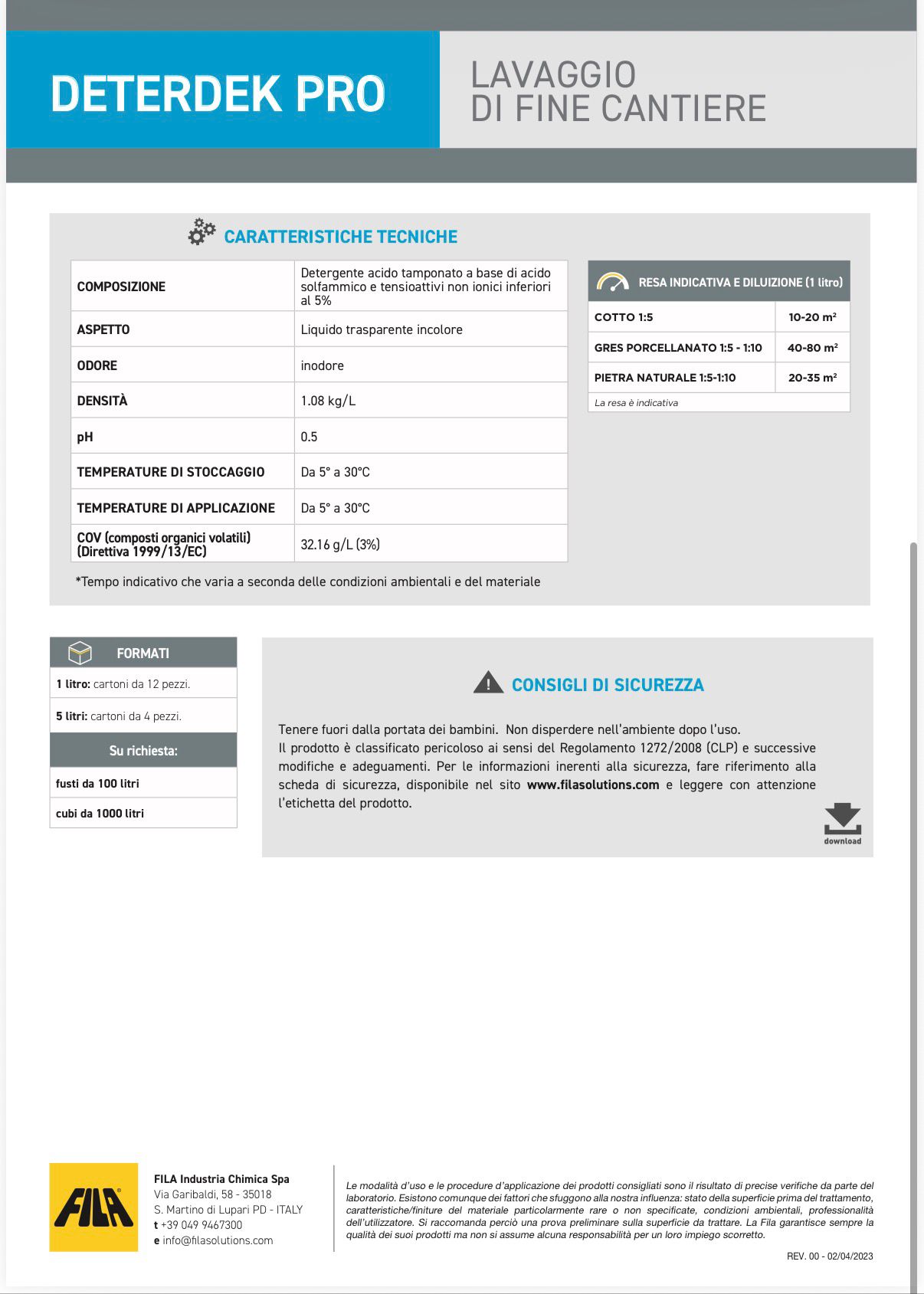 FILA DETERDEK PRO DETERGENTE DISINCROSTANTE ACIDO LT 1 COD. 60400012 - immagine 4