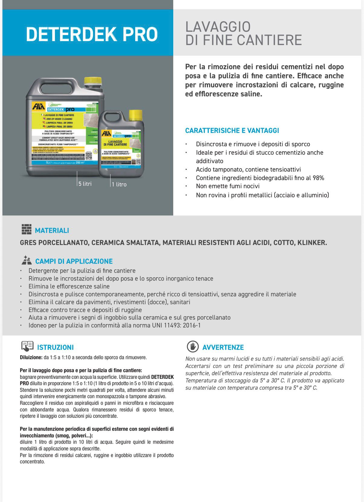 FILA DETERDEK PRO DETERGENTE DISINCROSTANTE ACIDO LT 1 COD. 60400012 - immagine 2