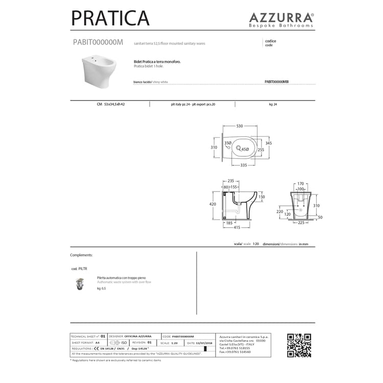 AZZURRA BIDET PRATICA FILO MURO BIANCO - immagine 3