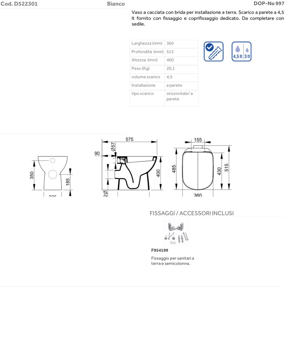 VASO GEMMA2 SCARICO A PARETE BIANCO - immagine 2