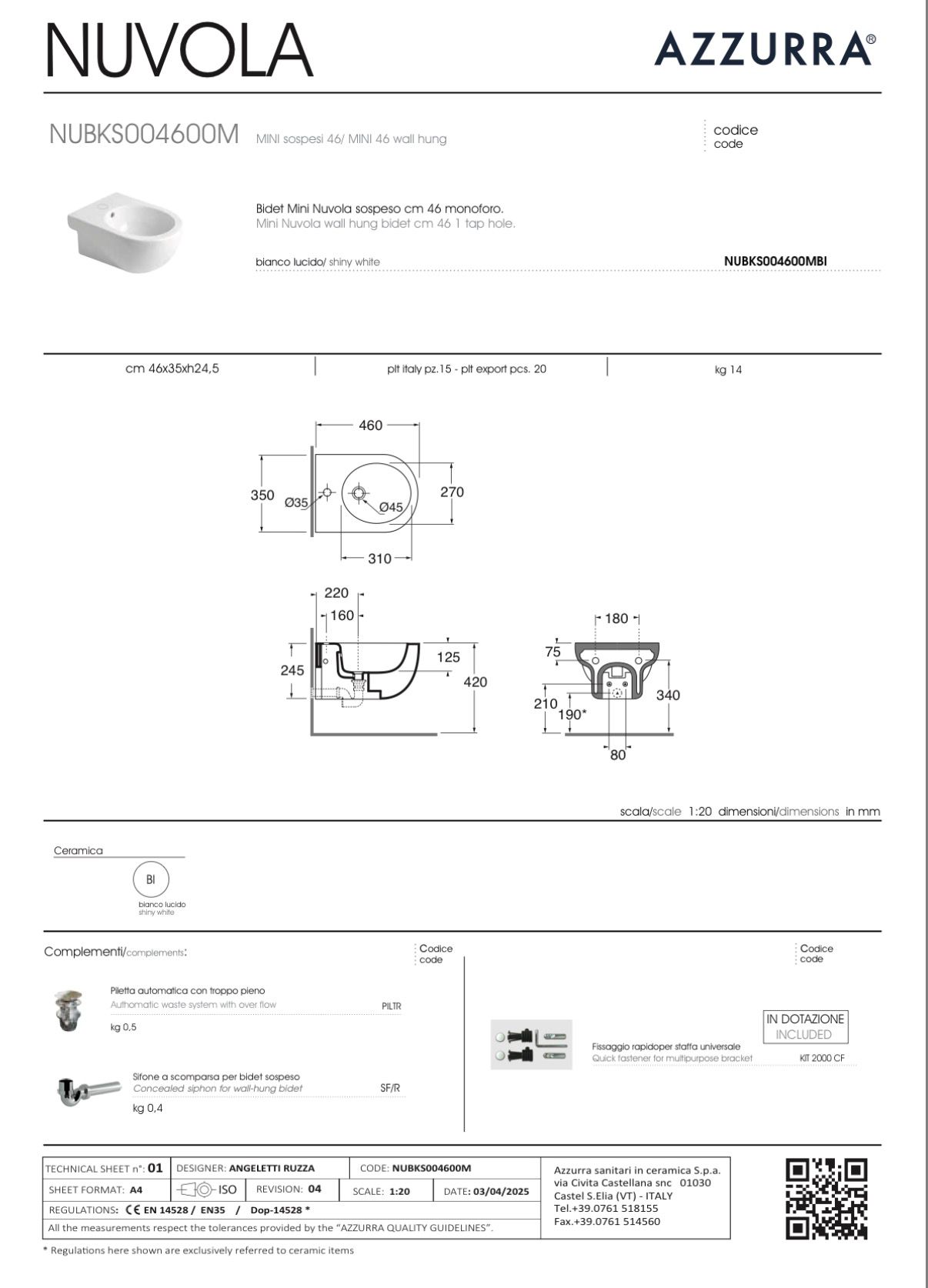 AZZURRA BIDET MINI NUVOLA SOSPESO BIANCO CON FISSAGGIO - immagine 2
