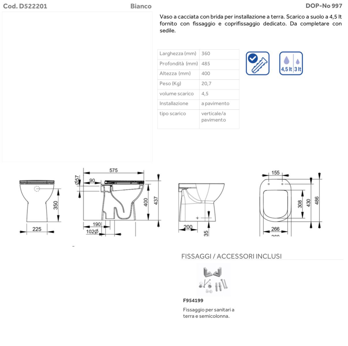VASO GEMMA2 SCARICO A TERRA BIANCO - immagine 3