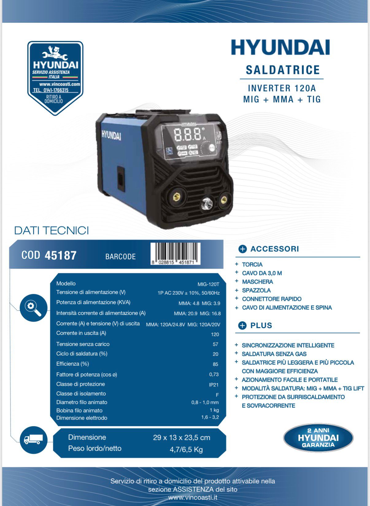 SALDATRICE INVERTER 120A CON KIT ACCESSORI HYUNDAI ART.45187 - immagine 2