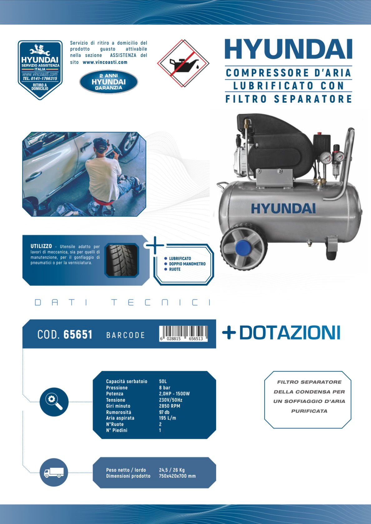 COMPRESSORE LUBRIFICATO 50LT HYUNDAI 2HP 1.5KW 65651 FL-100-50L - immagine 2
