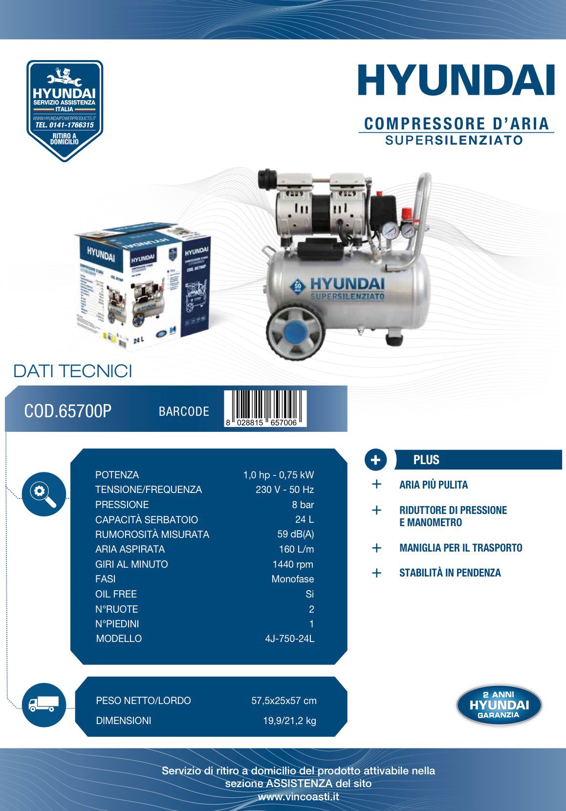 COMPRESSORE OIL FREE 24LT HYUNDAI 1 HP ART. 65700 - immagine 2