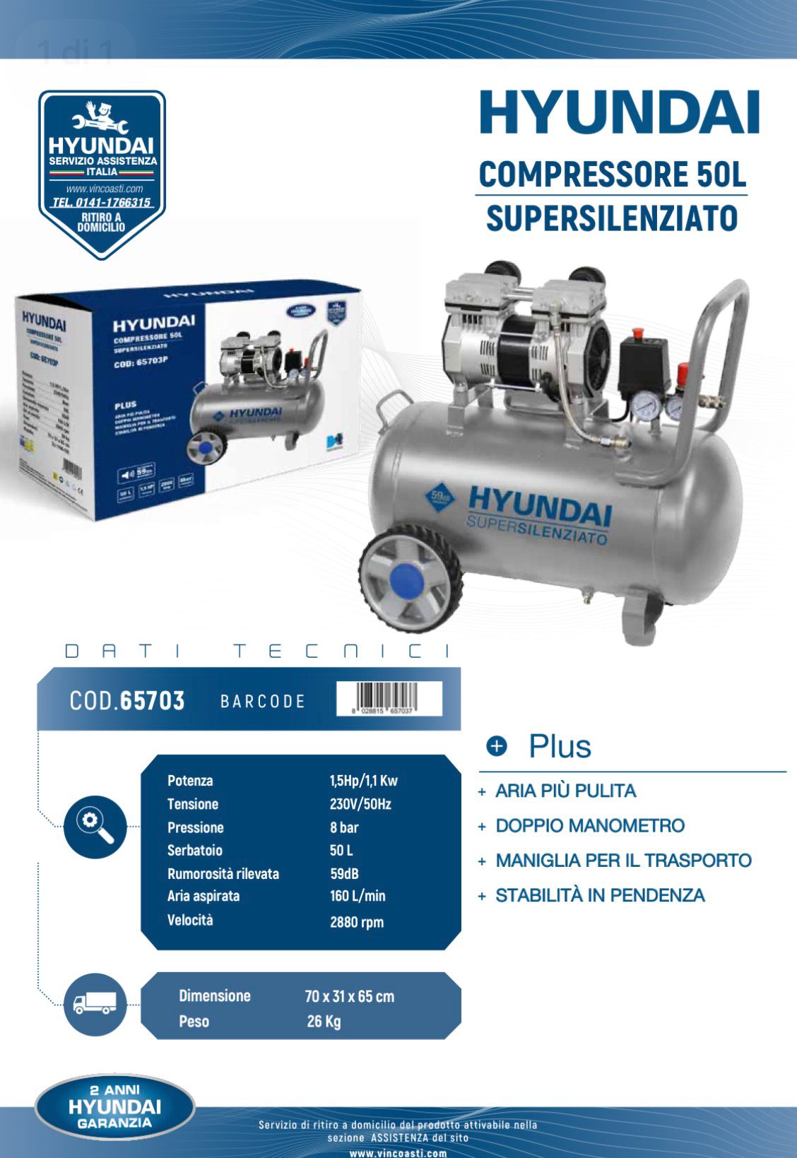 COMPRESSORE OIL FREE 50LT HYUNDAI 1.5HP 1.1KW ART. 65703 - immagine 2