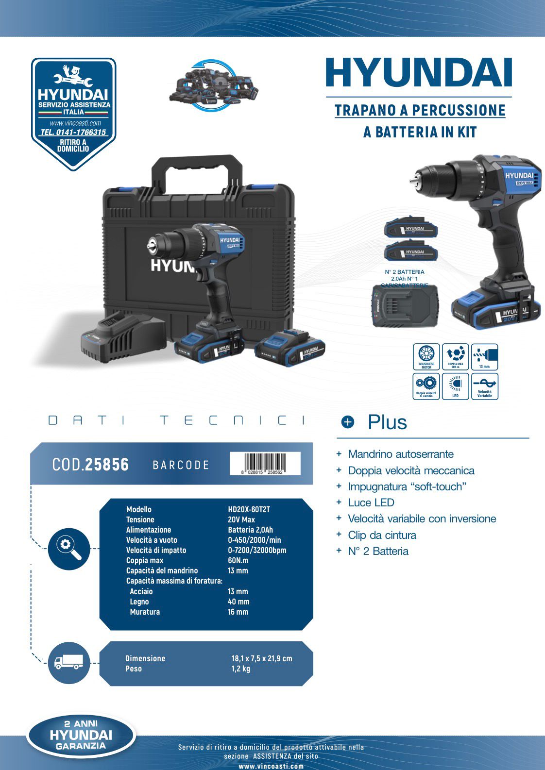 TRAPANO A PERCUSSIONE + 2 BATTERIA E ACCESSORI 20V HYUNDAI ART. 25856 - immagine 2