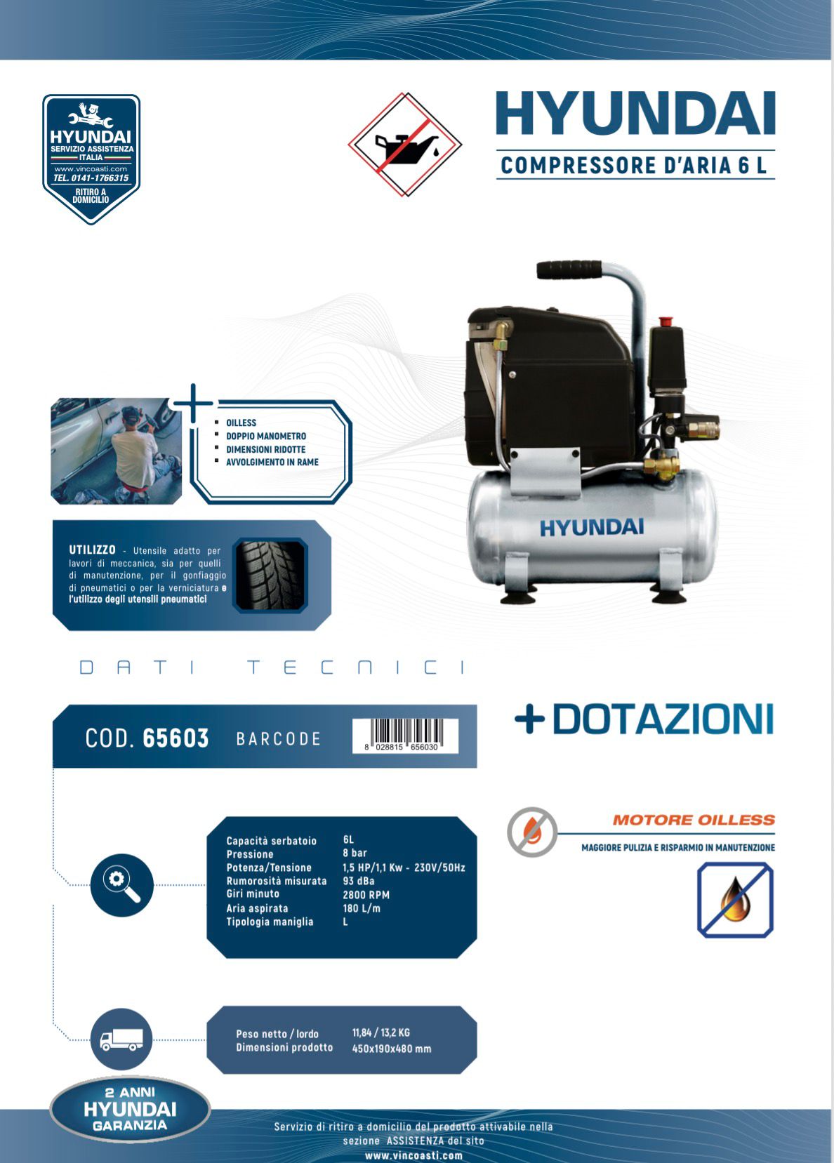 COMPRESSORE OIL FREE 6LT HYUNDAI 1.5HP 1.1KW 65603 BA1-80-6L - immagine 2