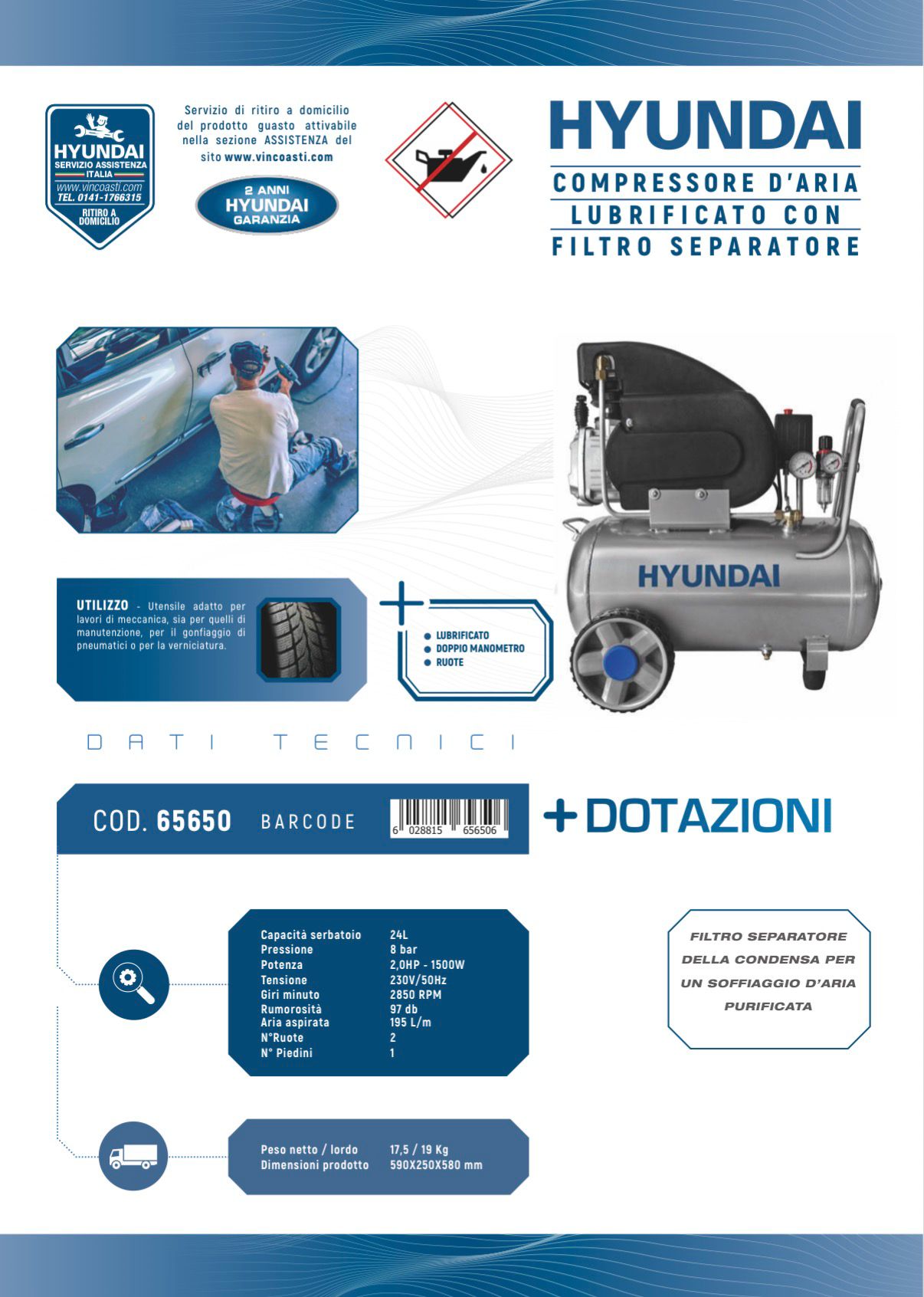 COMPRESSORE LUBRIFICATO 24LT HYUNDAI 2HP 1.5KW 65650 FL-100-24L - immagine 2