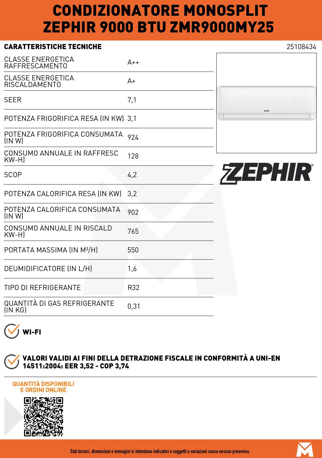 CLIMATIZZATORE ZEPHIR MONO SPILT INVERTER 9000 ZMR9000WIFI MY25 - immagine 2