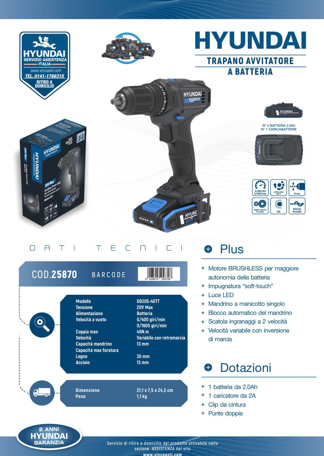 TRAPANO AVVITATORE CON 1 BATT. E CARIC. HYUNDAI 20V ART. 25870 - immagine 2
