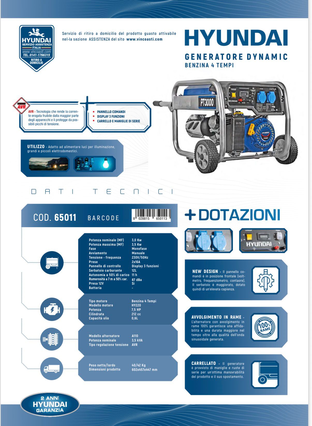GENERATORE A BENZINA DYNAMIC 3.5KW 212CC PT3000-NXT HYUNDAI 65011 - immagine 2