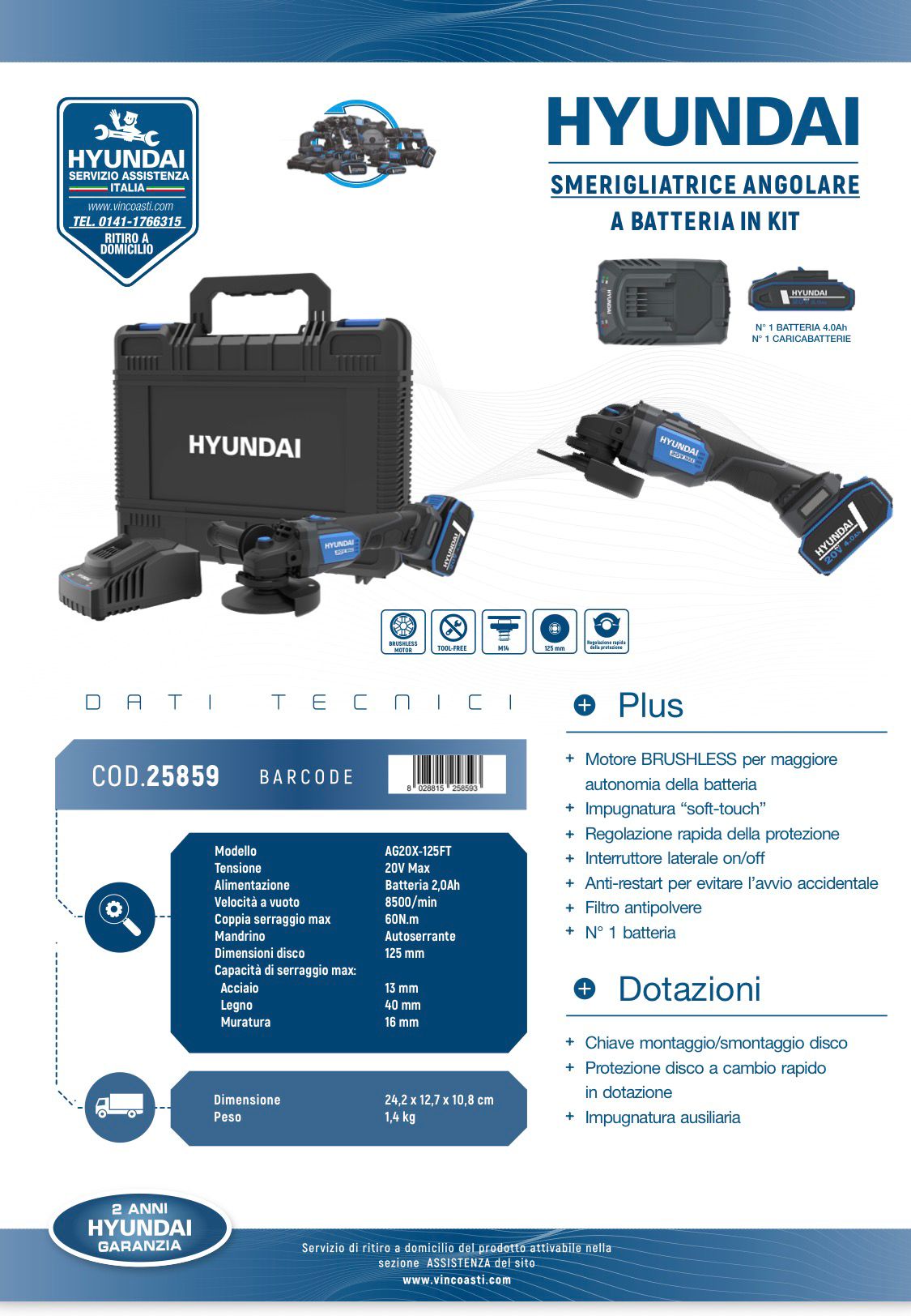 SMERIGLIATRICE ANGOLARE 125MM 1 BATT. + CARIC. 20V HYUNDAI ART.25859 - immagine 2