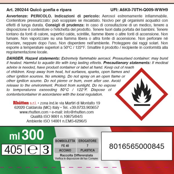 RHUTTEN QUICO GONFIA E RIPARA PNEUMATICI AUTO E MOTO 300ML - immagine 2