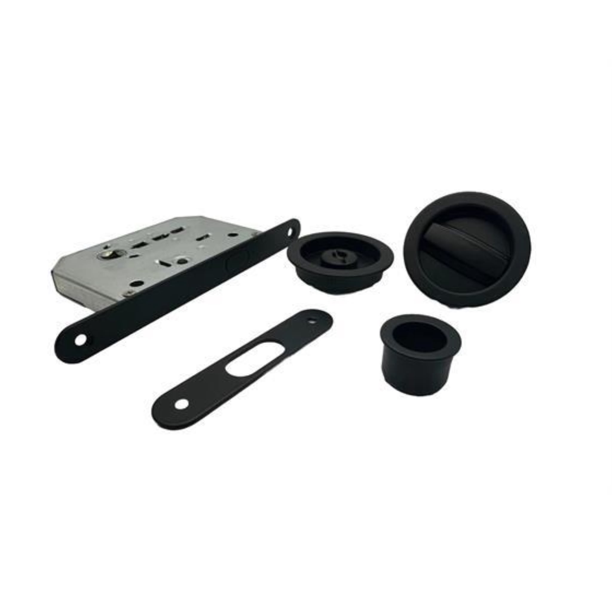 KIT TONDO PER PORTE SCORREVOLI NERO CON SERRATURA E GANCIO E0262N70