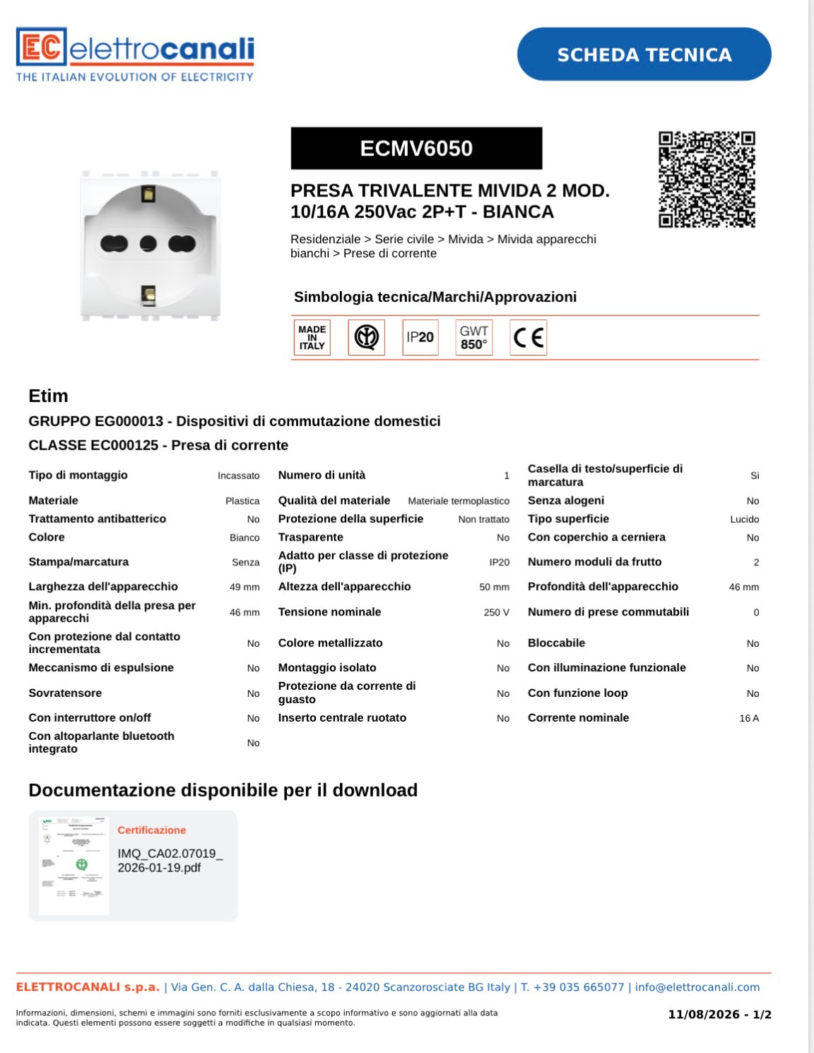 FRUTTO PRESA SCHUKO BIANCA MIVIDA ELETTROCANALI ECMV6050 - immagine 2