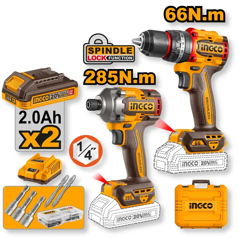 INGCO KIT TRAPANO + AVVITATORE + BATTERIE + CARICA CKLI20277E